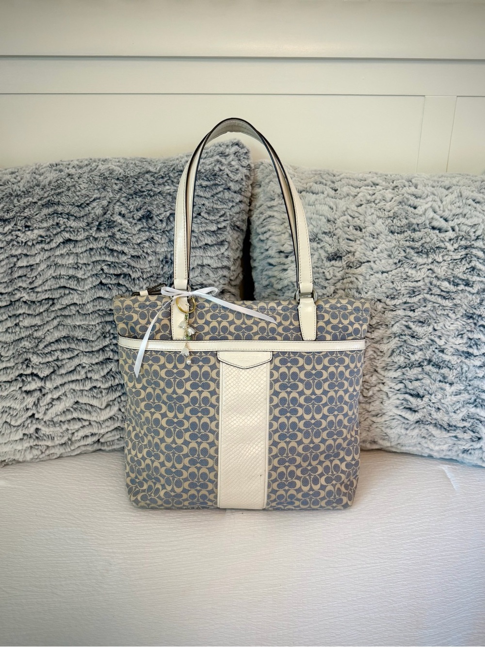 Coach Blue and Cream Signature Tote with Center Leather Stripe